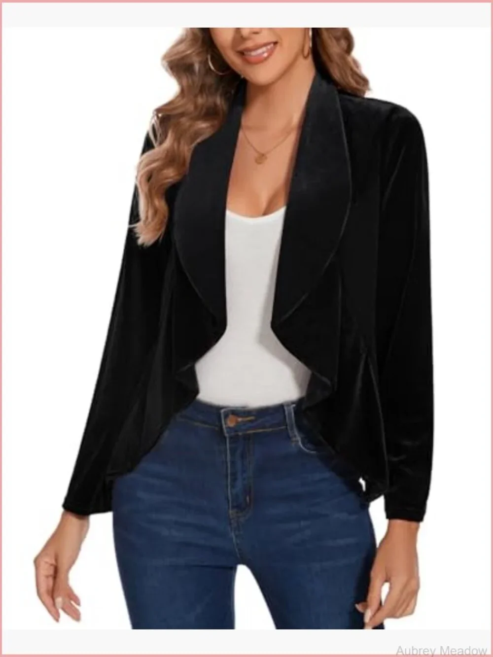 Velvet Open Front Blazer Shawl Lapel Ruffle Hem Long Sleeve Work Coat